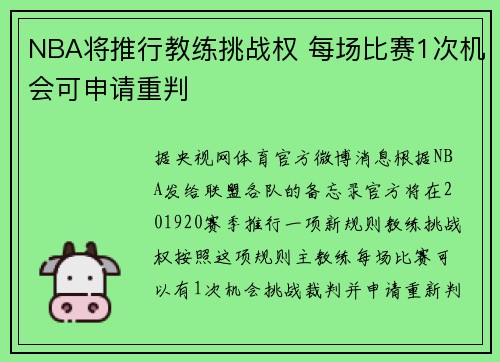 NBA将推行教练挑战权 每场比赛1次机会可申请重判